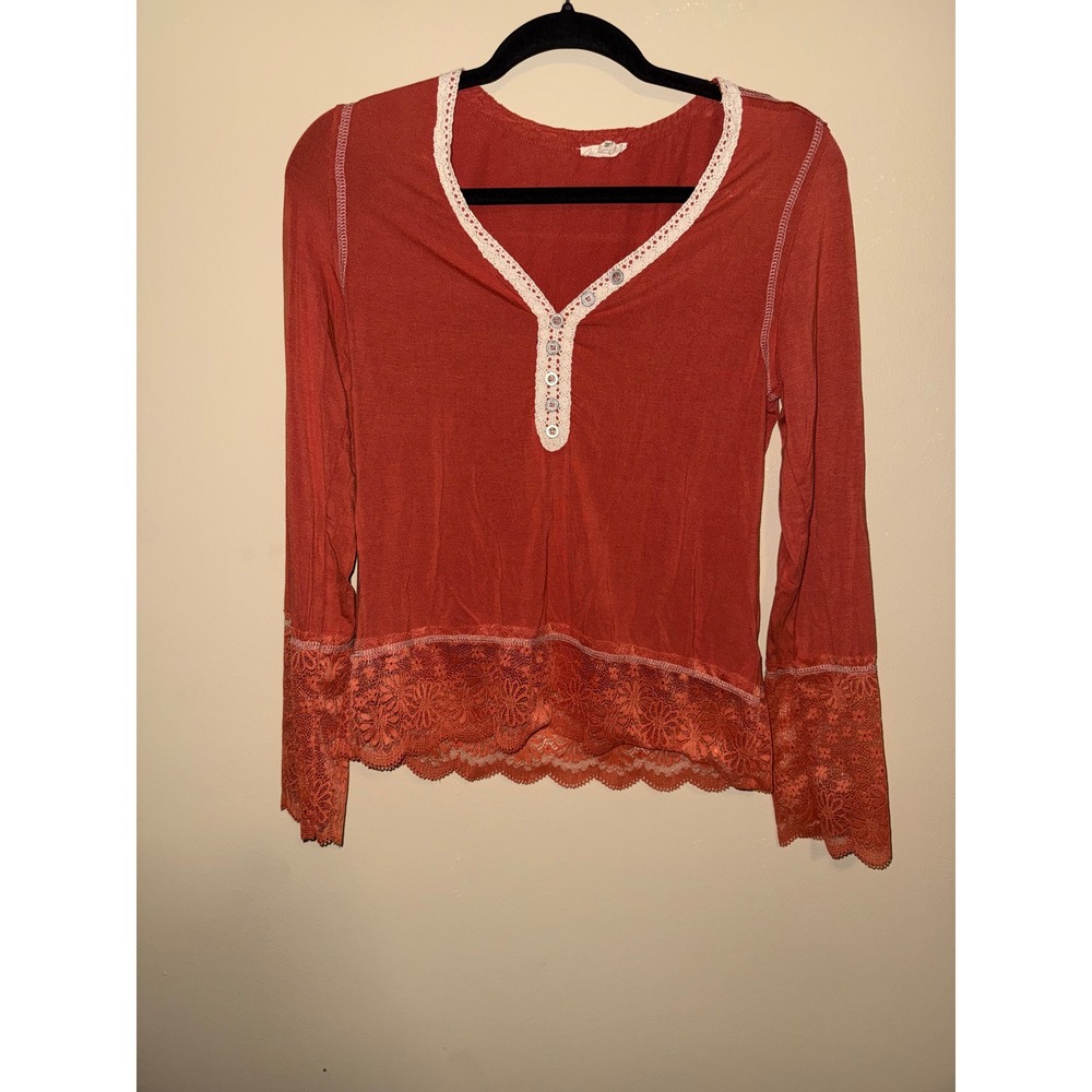 POL Womens Boho Lace Trim Henley Top Terracotta Orange‎ Long Sleeve S Goblincore